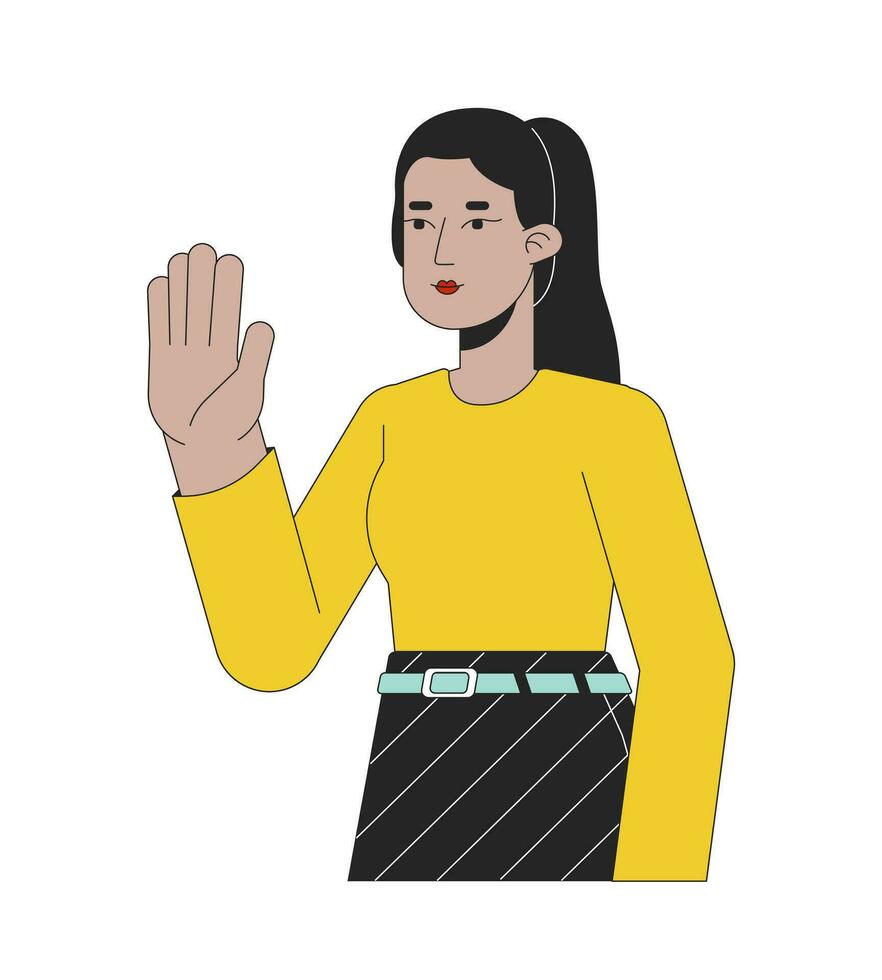 Elegant arab woman hello wave 2D linear cartoon character. Middle eastern lady greeting isolated line vector person white background. Stop hand. Turkish female saying hi color flat spot illustration