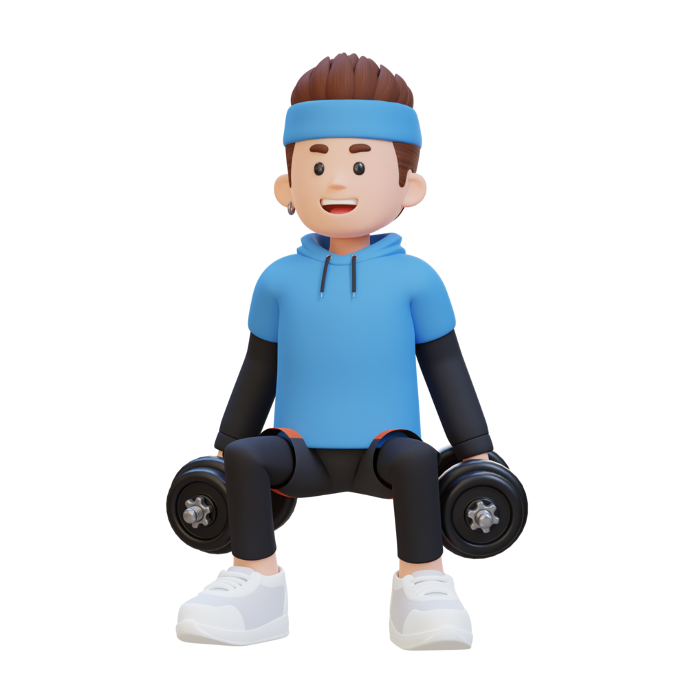 3D Sportsman Character Performing Dumbbell Squats png