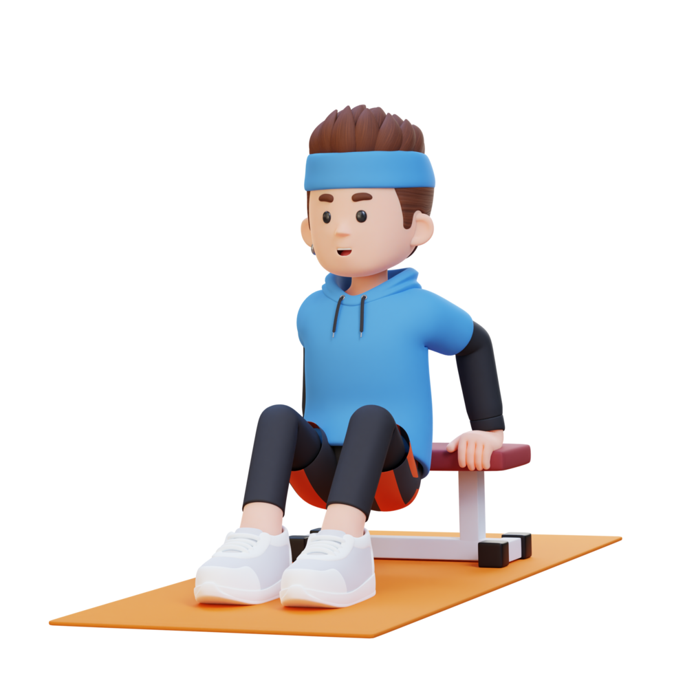3D Sporty Male Character Building Power with Dips at Gym png