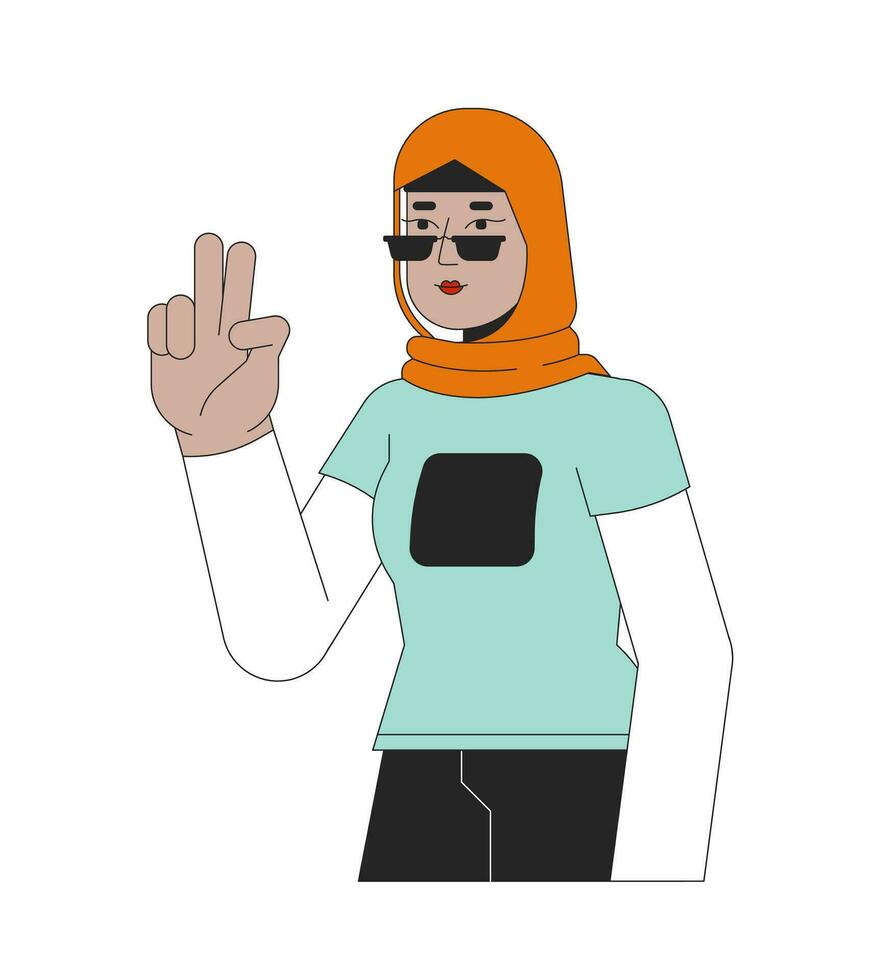 elegante musulmán mujer demostración victoria firmar 2d lineal dibujos animados personaje. Gafas de sol hijab mujer selfie tomando aislado línea vector persona blanco antecedentes. dos dedos arriba color plano Mancha ilustración