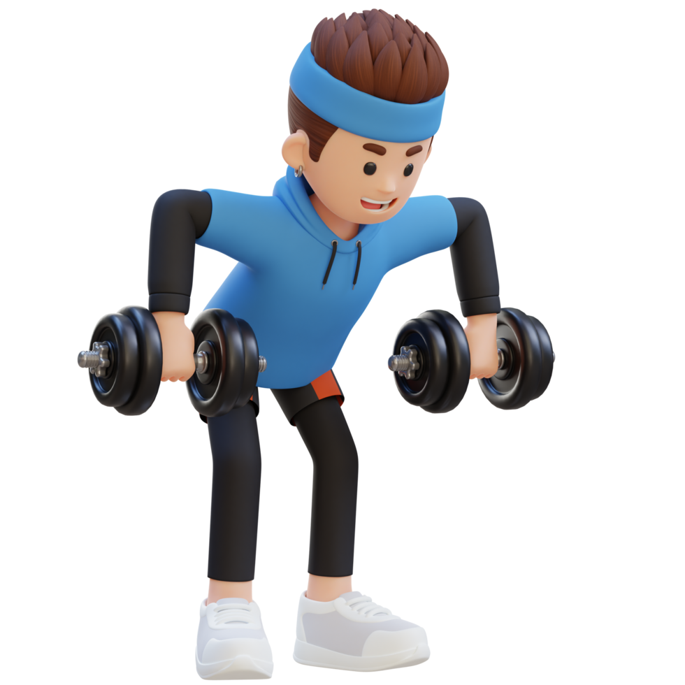 3D Sportsman Character performing Rear Delt Rows with Dumbbells png