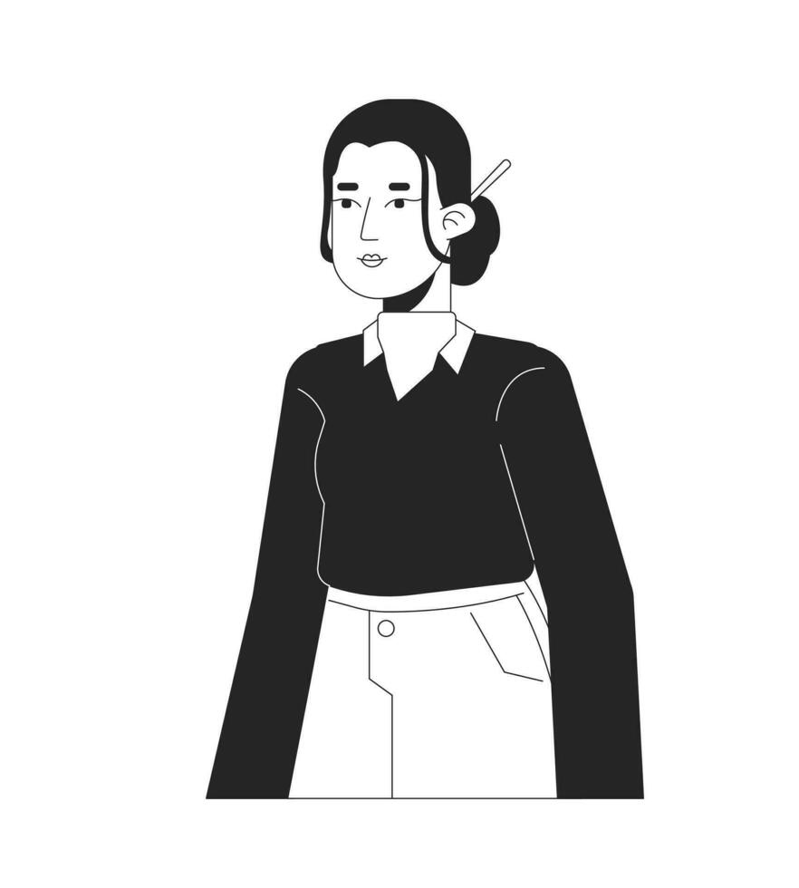 asiático oficina dama vistiendo chino horquilla negro y blanco 2d línea dibujos animados personaje. relajado en pie aislado vector contorno persona. hembra trabajador casual monocromo plano Mancha ilustración