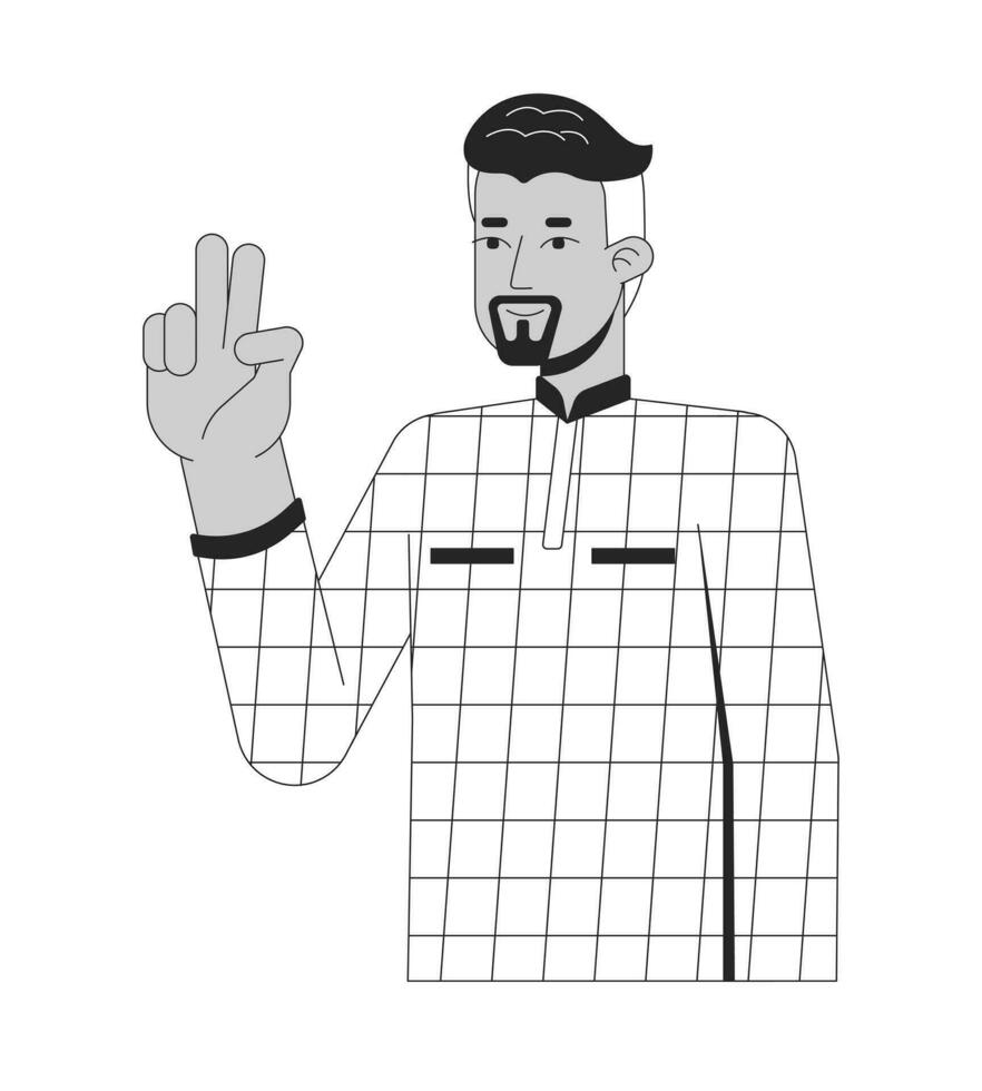 Confident 40s arab man victory sign black and white 2D line cartoon character. Middle eastern businessman two fingers up gesture isolated vector outline person. Monochromatic flat spot illustration