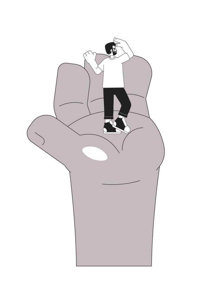 European man standing on outstretched hand black and white 2D illustration concept. African american arm support guy isolated cartoon outline character. Looking around metaphor monochrome vector art