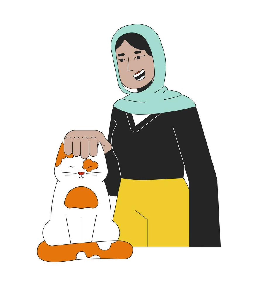Muslim hijab woman petting cat head 2D linear cartoon character. Animal volunteer lady with kitten isolated line vector person white background. Female veterinarian color flat spot illustration
