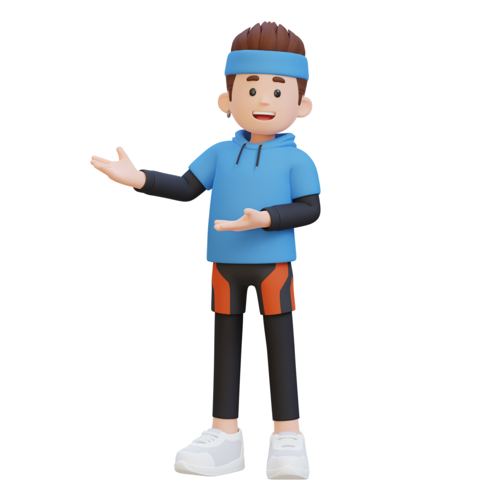 3D Sportsman Character Embracing Confidence with a Dynamic Hand Presentation Pose png