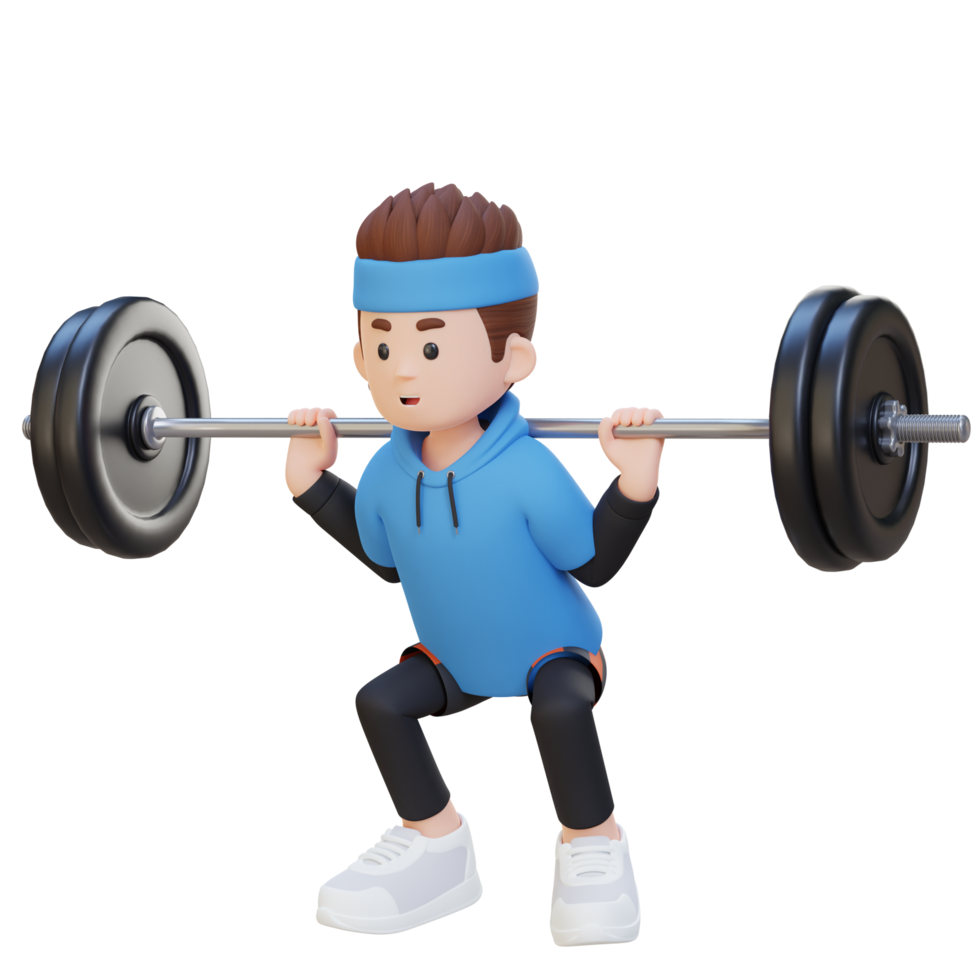 3D Sportsman Character Building Lower Body Strength with Barbell Squat Workout png