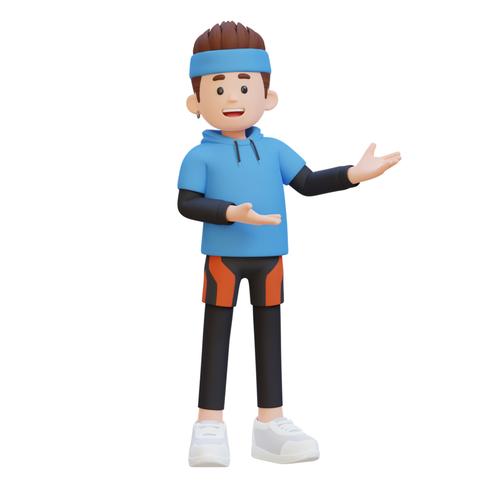 3D Sportsman Character Embracing Confidence with a Dynamic Hand Presentation Pose png