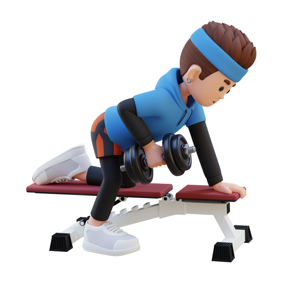 3D Sportsman Character Sculpting Back Muscles with Dumbbell Row Exercise png