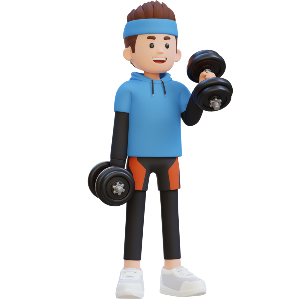 3D Sportsman Character Performing Left Hammer Curl with Dumbbell png