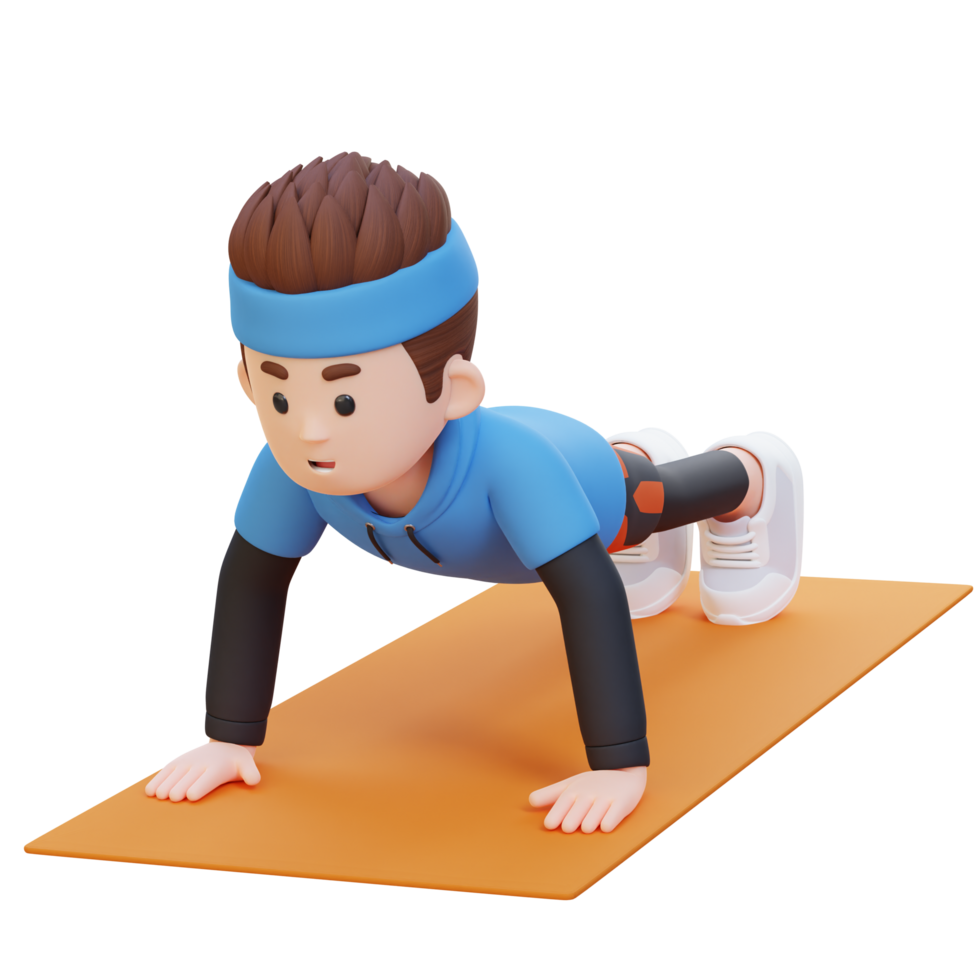 3d deportivo masculino personaje ejecutando estándar empujar arriba ejercicio a hogar gimnasio png