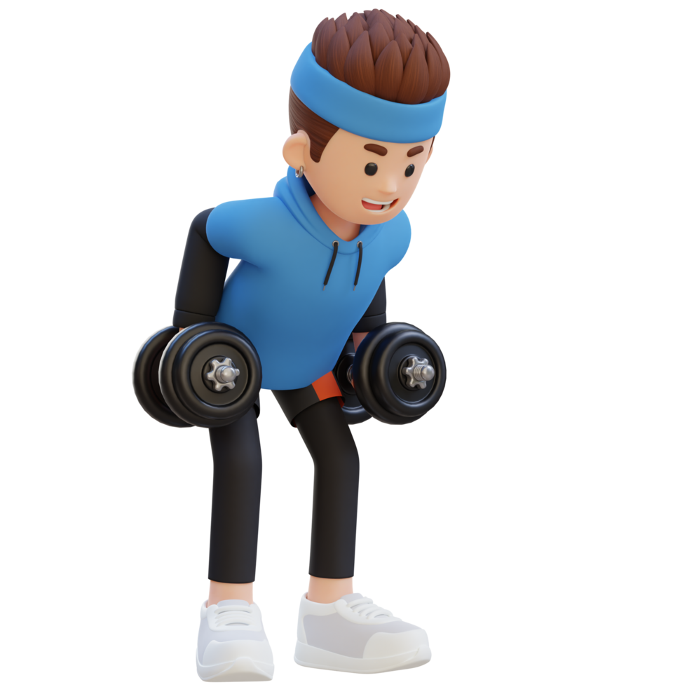 3D Sportsman Character Performing Bent Over Row   Dynamic Workout with Dumbbell png