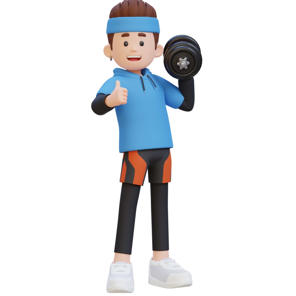 3D Sportsman Character Giving a Thumbs Up While Holding Dumbbell png