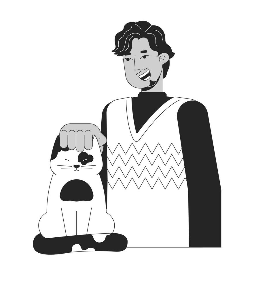 Bearded indian man petting cat black and white 2D line cartoon character. South asian guy smiling isolated vector outline person. Sweater weather. Pet owner monochromatic flat spot illustration