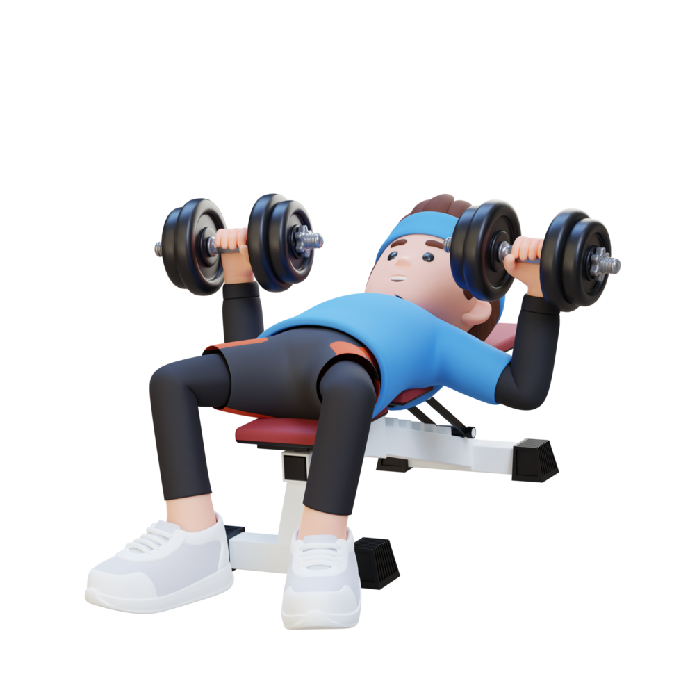 3D Sportsman Character Sculpting Muscular Physique with Dumbbell Bench Press png