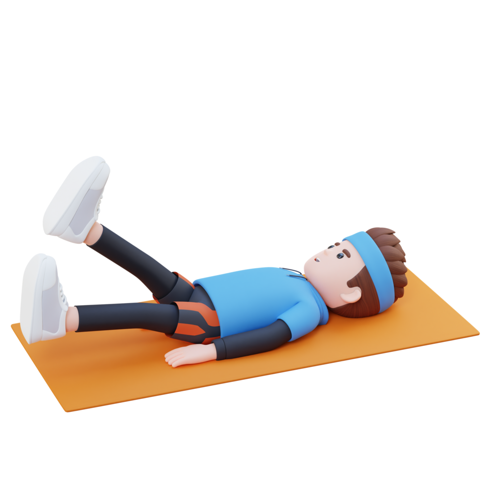 Dynamic 3D Sporty Male Character Rocking the Abs Scissor Kick Crunch Workout at the Gym png