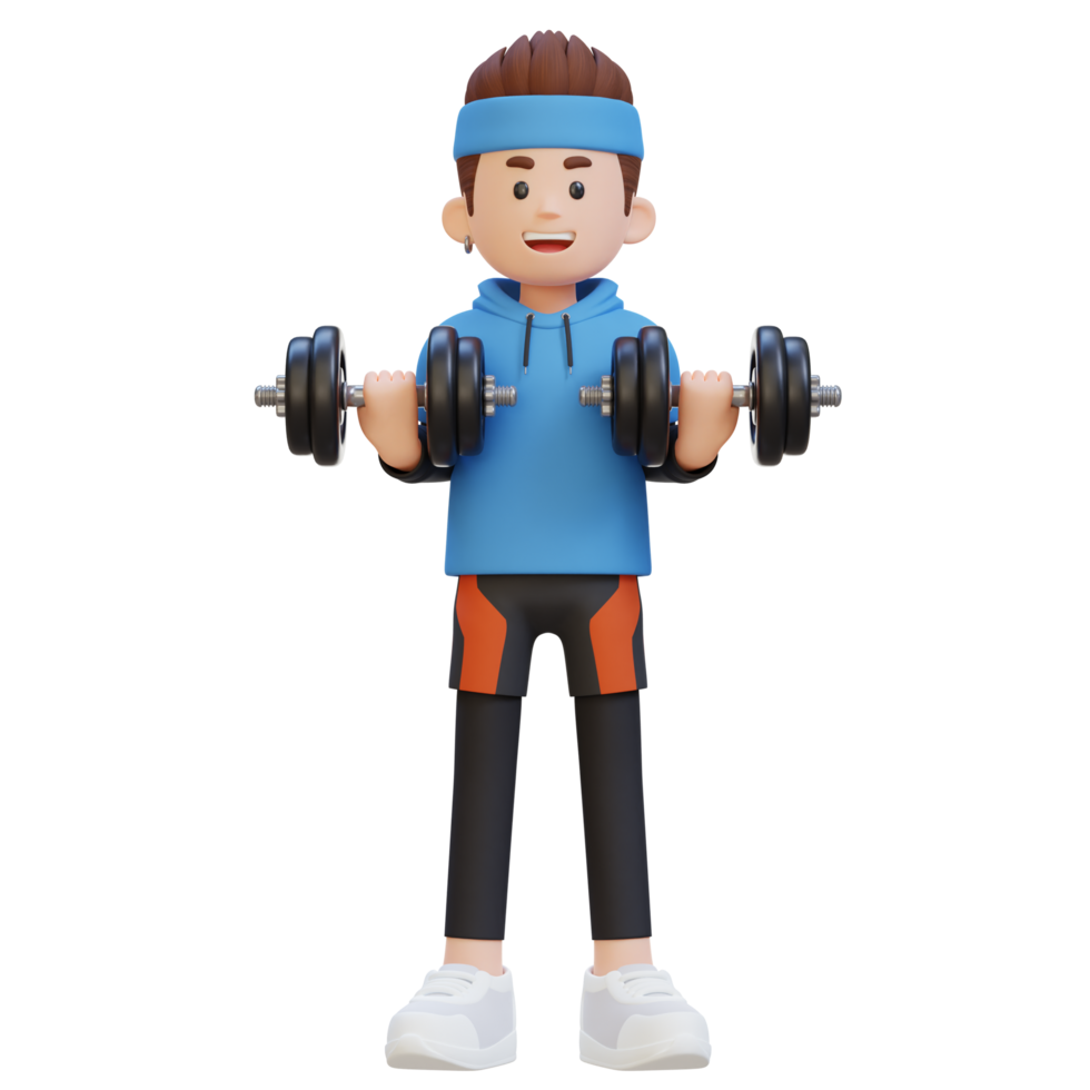 3D Sportsman Character Performing Drag Curls with Dumbbell png