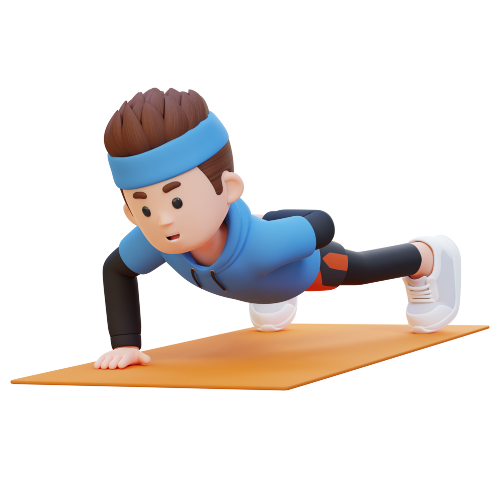 3D Sporty Male Character Mastering Single Arm Push Up at the Gym png
