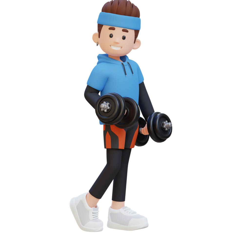 3D Sporty Male Character Showcasing Cool Standing Pose and Holding Dumbbell with Confidence png