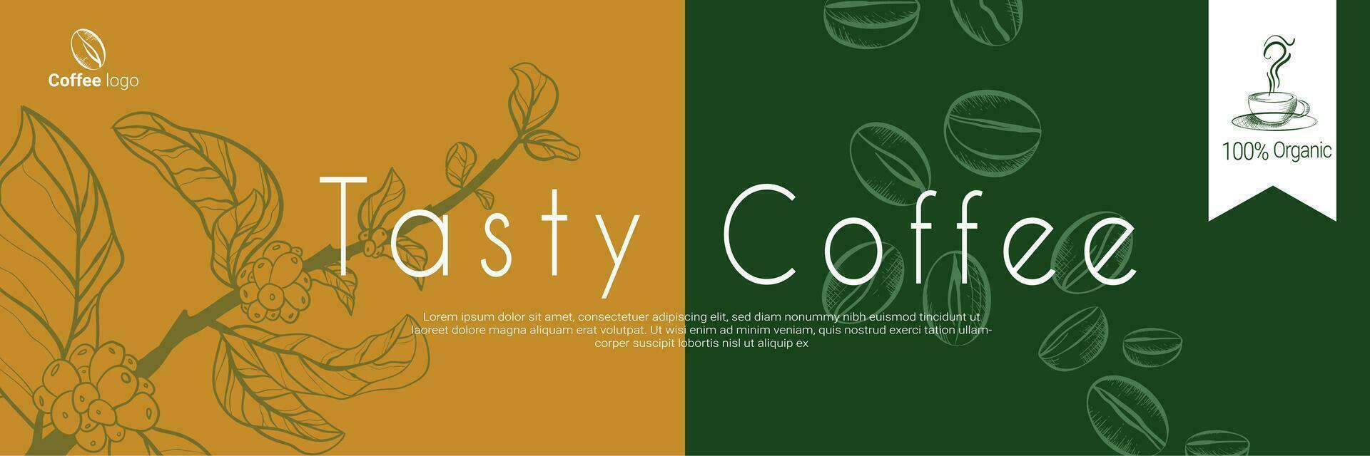Vintage coffee shop banner template with vector coffee beans drawing in engraving style. Isolated coffee branch illustration on brown background. Panoramic coffee roasting banner. Organic caffeine.