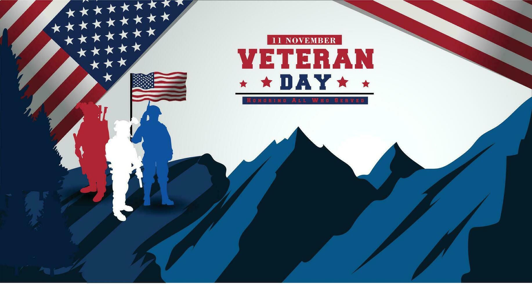 Veterans day design. Honoring all who served. Veteran's Day illustration with American flag and soldiers. 11 Th November. Memorial Day, Patriot Vector.  illustration vector background