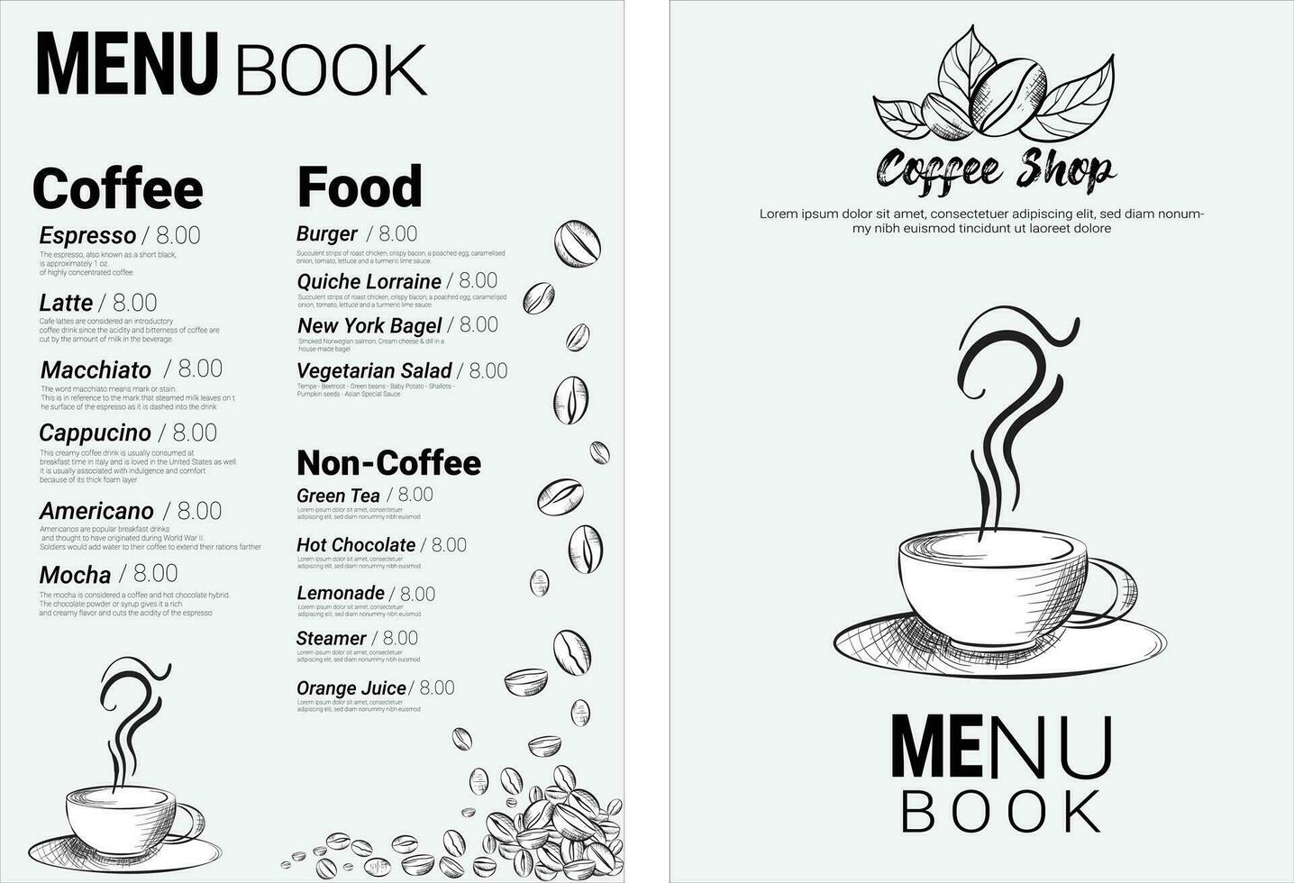 Clásico café ilustración para a4 o menú modelo. utilizar mano dibujo técnica y garabatear estilo. blanco negro vector y ilustración. modelo menú café comercio, cafetería, y restaurante.