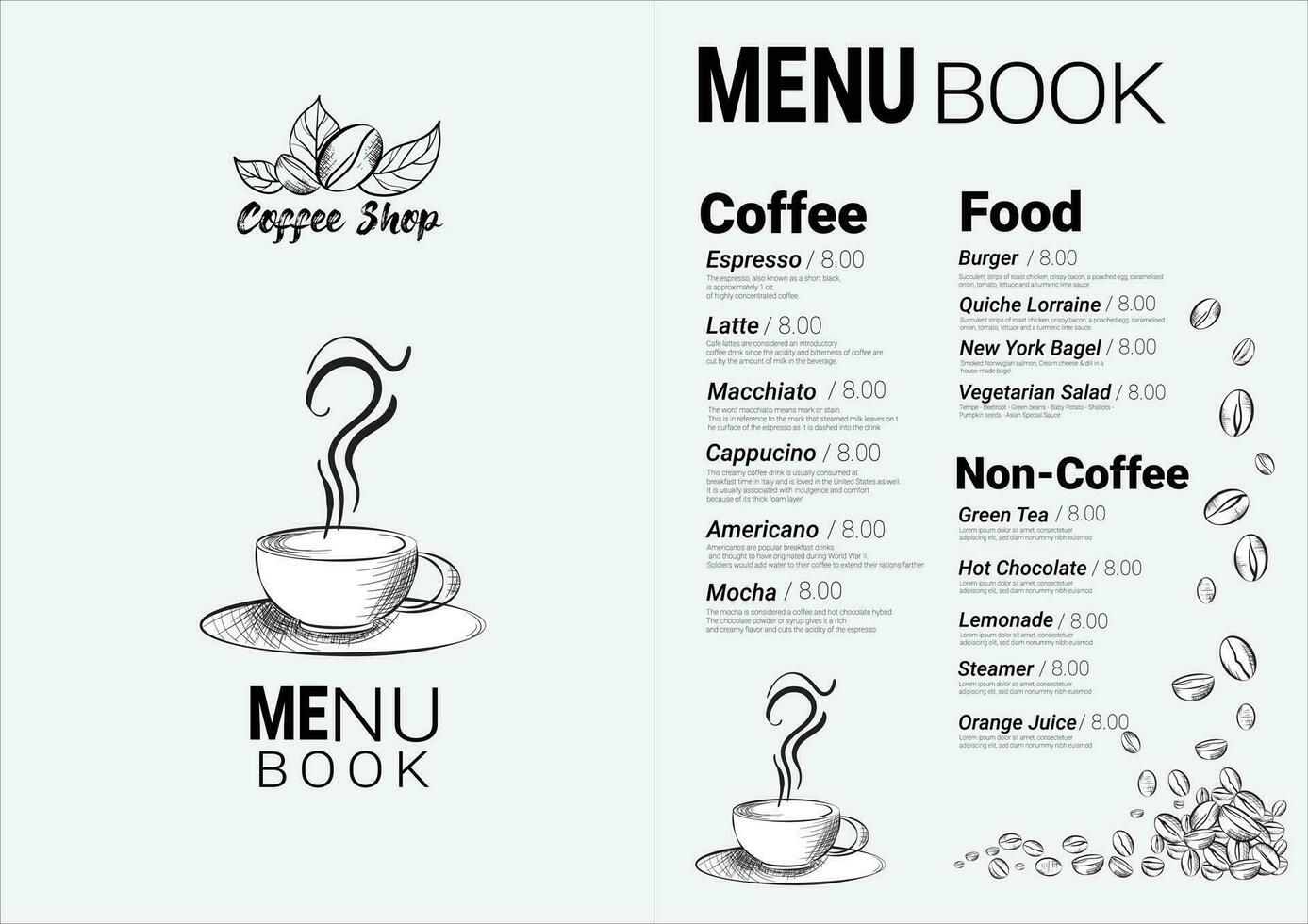 Vintage coffee illustration for A4 or menu template. Use hand drawing Technique and doodle style. white black Vector and illustration. template menu coffee shop, cafeteria, and restaurant.