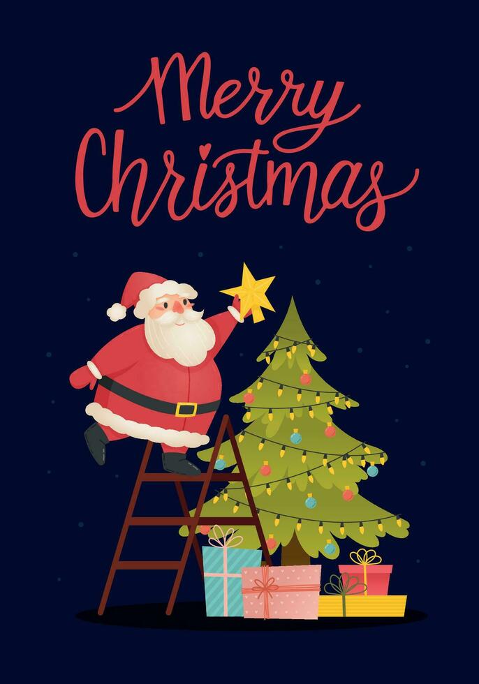 Cute Santa Claus Decorating Christmas Tree. Cozy Scene with Santa Claus Stands on Ladder and Puts Star on Decorated Christmas Tree with Gifts under It vector