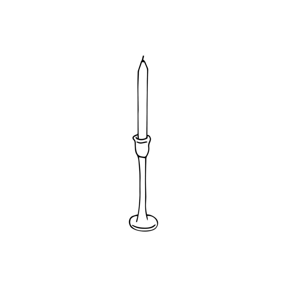 Hand-drawn Candle with holder On a white background. Candle in candlestick. Isolated vector illustration.