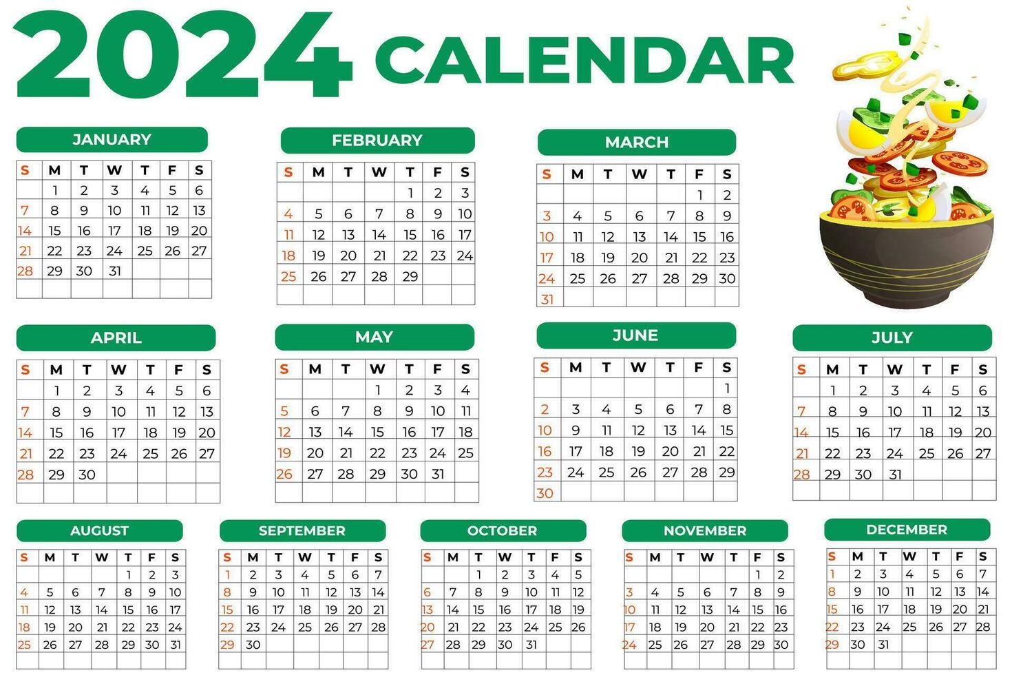 Editable calendar template for 2024 vector