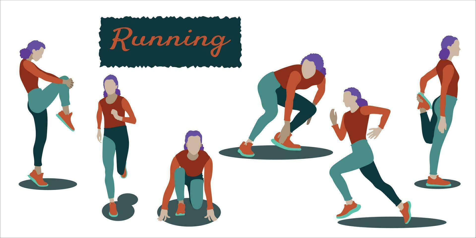 Running set, a girl in flat style takes different poses when she does jogging, sports, fitness vector