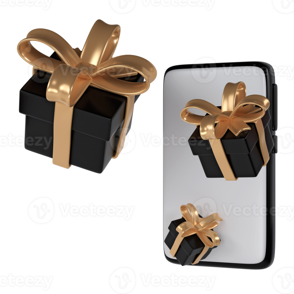 3d black Friday gift boxes icon with golden ribbon bow from smartphone. Render Shop Sale modern holiday. Realistic icon for present shopping banner or poster png