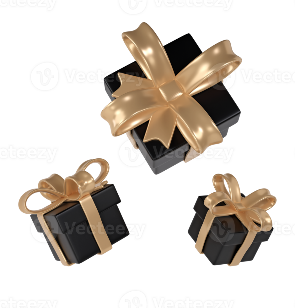 3d black Friday three gift boxes icon with golden ribbon bow on white background. Render Shop Sale modern holiday. Realistic icon for present shopping banner or poster png