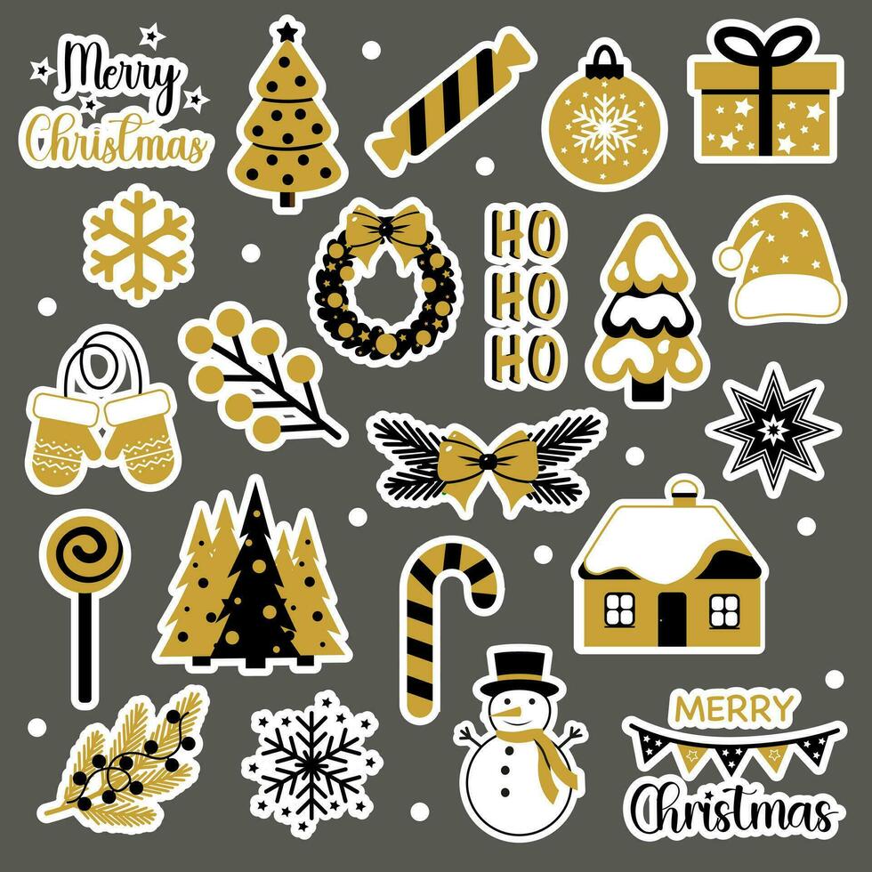 Christmas stickers collection. Christmas decorations, holiday gifts, candy, candles, star, trees. Vector illustration.