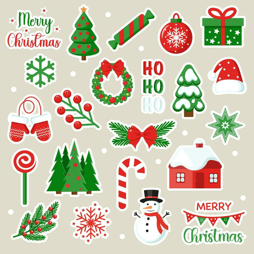 Christmas stickers collection. Christmas decorations, holiday gifts, candy, candles, star, trees. Vector illustration.