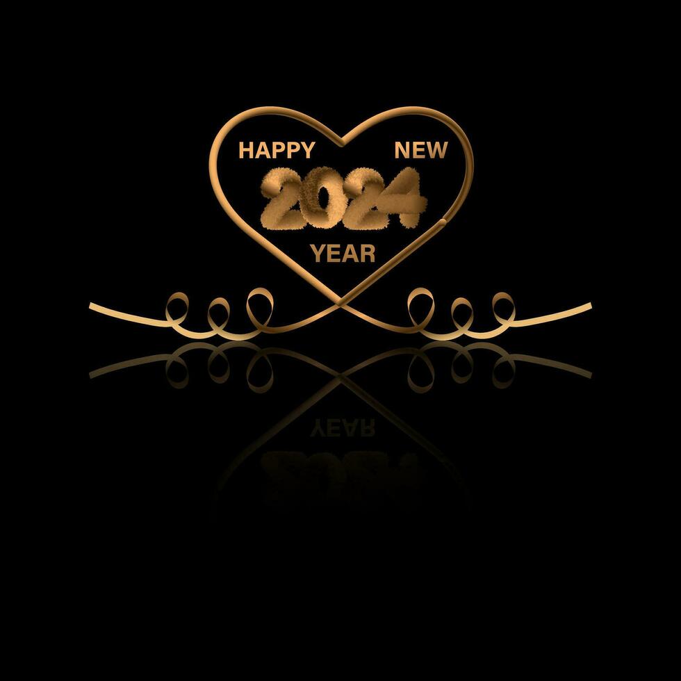 2024 Happy New Year. Realistic 3D thick gold numbers with love.  Vector holiday . Premium vector Background, banner, card, poster, calendar and greetings. Template. Vector illustration.