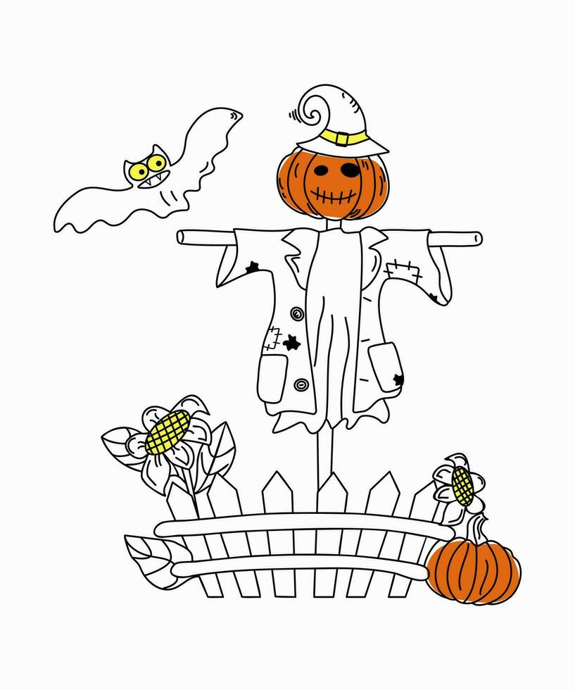 Halloween, vector illustration. Garden scarecrow with a head in the shape of a pumpkin. Cheerful pumpkin in clothes and hat. Fence, vegetable garden with pumpkins. Sunflower flower. Outline drawing.