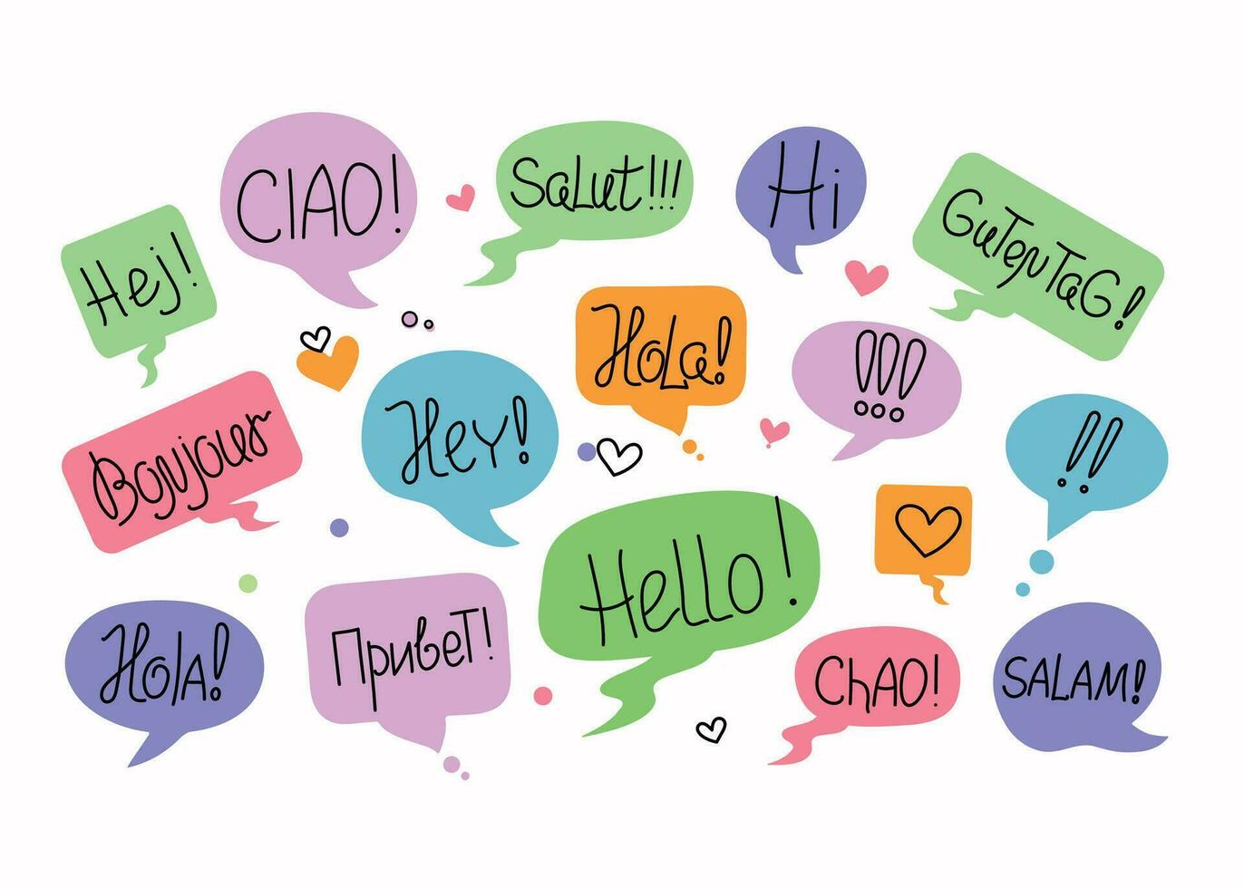 Short phrases in different languages, greetings. Information forms, speech bubbles. World Hello Day. November 21. Funny vector banner, Calligraphy lettering, words. Talk, communicate, social media.