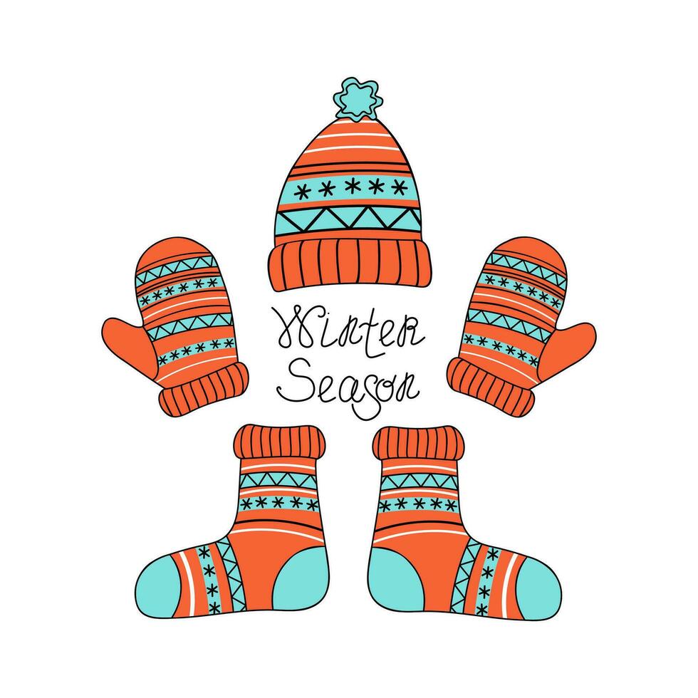 Warm cozy knitted clothes. Autumn, winter season. Icon set of mittens, socks and hat with ornaments. Christmas ornament, Calligraphy, lettering. Vector icons, badges.