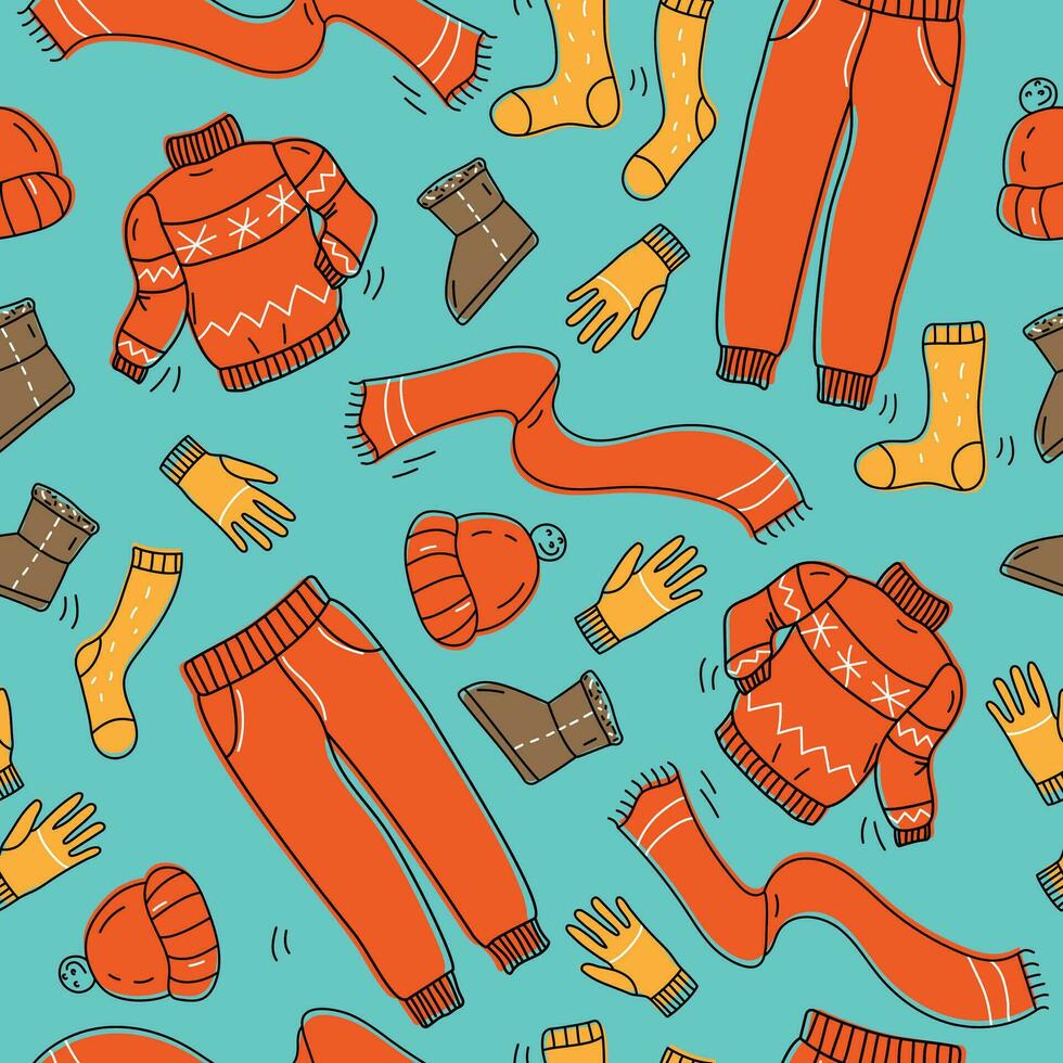 Warm clothes pattern. A collection of warm, cozy clothes and shoes. Seamless pattern. Cold season autumn, winter. Vector illustration in doodle style.