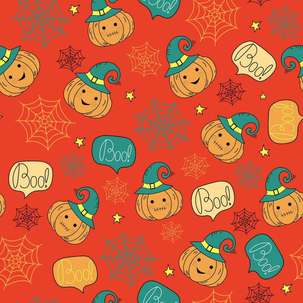 Pattern. Halloween, vector icons of pumpkin in a wizard's hat. Web. Drawings, doodles. Cute smiling Halloween pumpkin. Evil pumpkin. Vector print, repeating background for textile, wrapping paper.