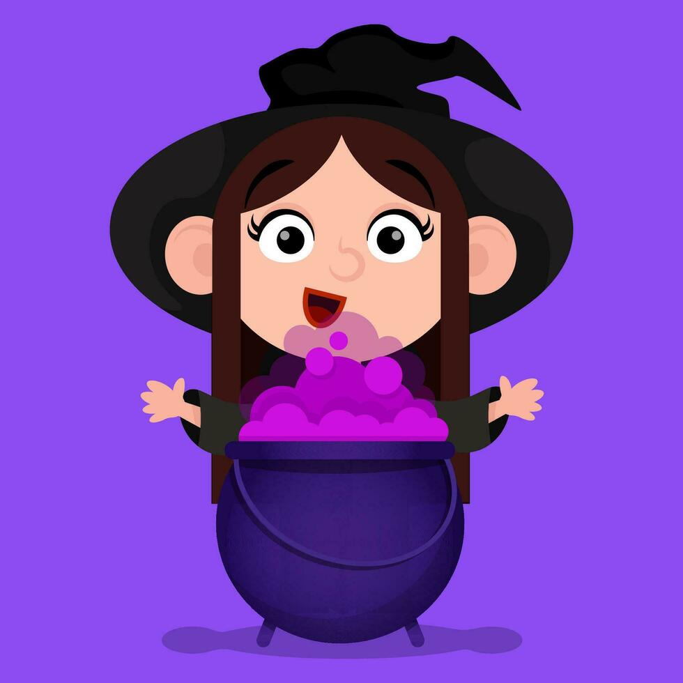 Cute witch character with cauldron and potion vector