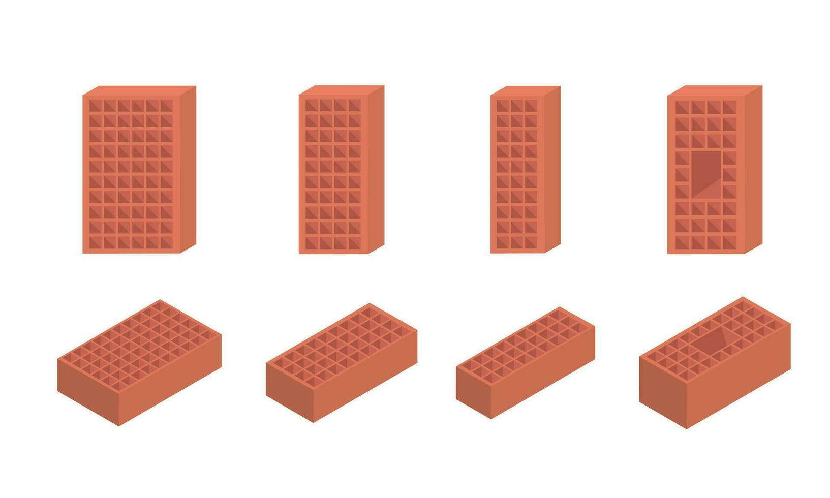 Set of 8 isometric bricks. Flat vector brick icons illustration. Industrial 3d elements. Construction symbol.