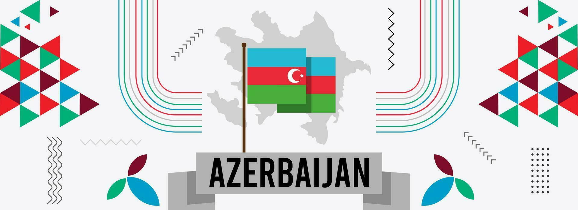 Azerbaijan national day banner or card with Azerbaijani map, abstract retro modern geometric design with flag colors theme background vector