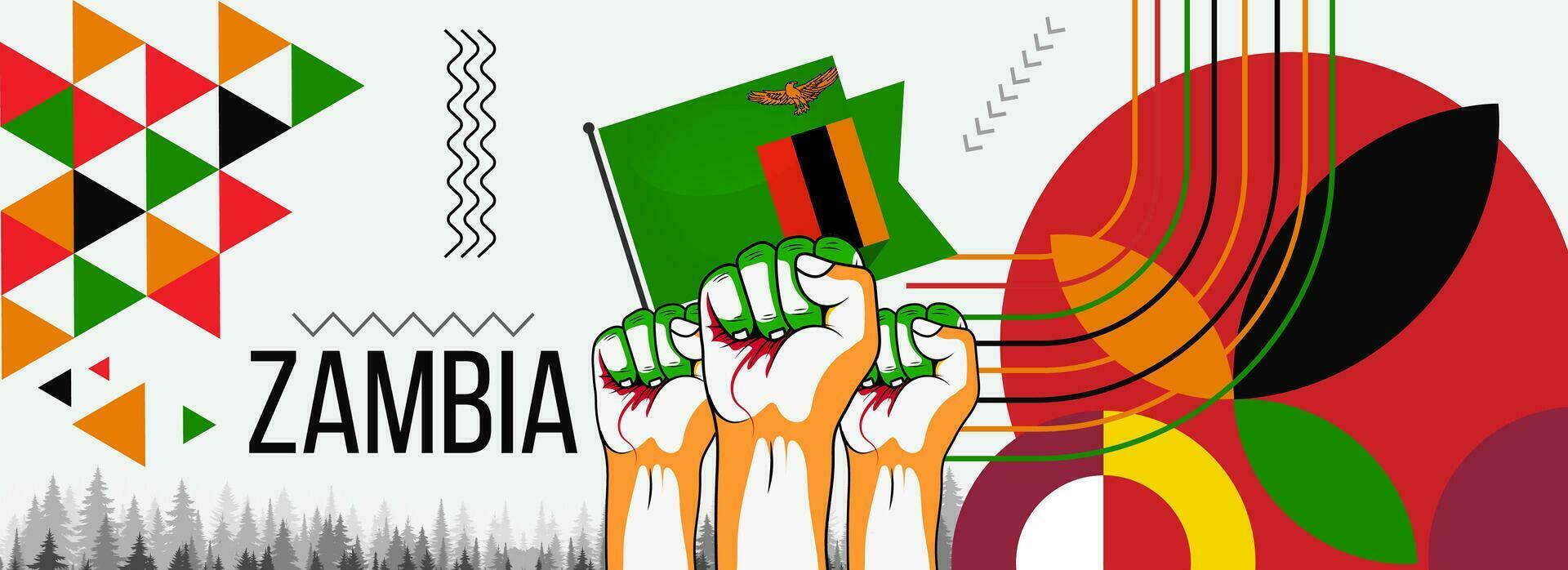 Flag of Zambia with raised fists. National day or Independence day design for Zambian celebration. Modern retro design with abstract geometric icons. Vector illustration