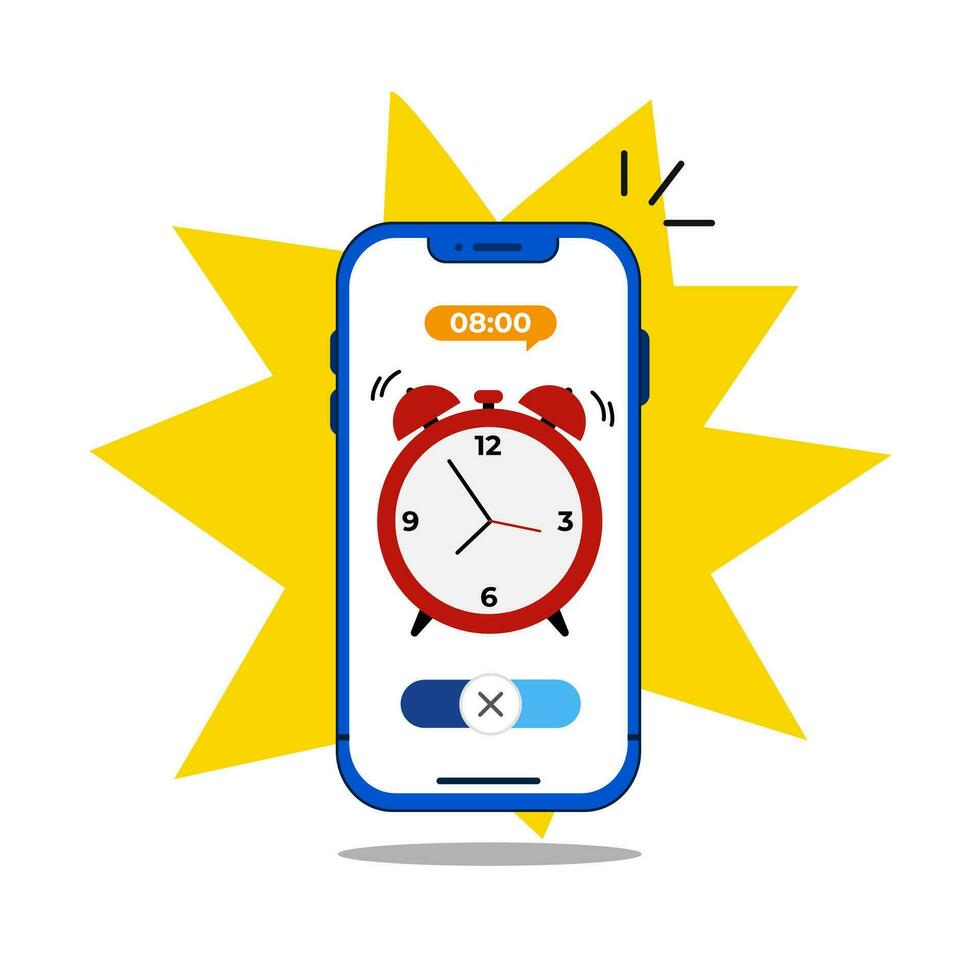 Smartphone with alarm clock is ringing and notifying on screen. new notice on the phone. Timer notification flat vector illustration.