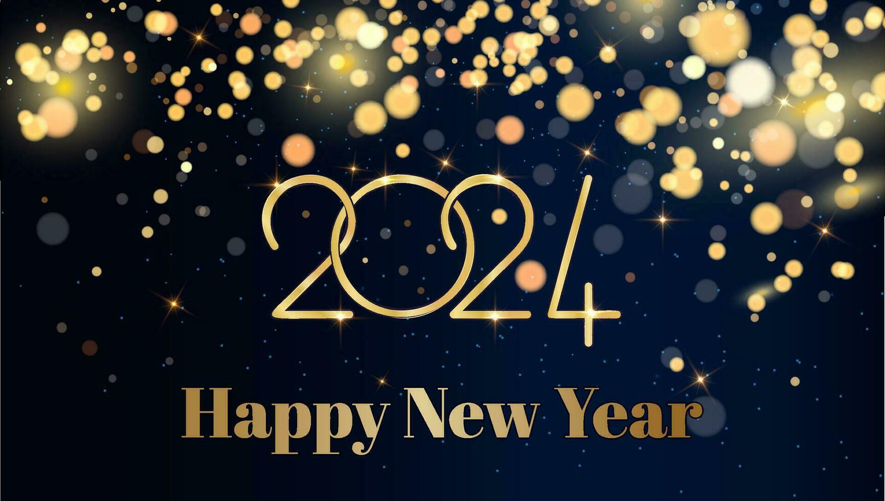 Happy new year 2024 banner in gold on a dark blue gradient background with white and transparent gold color circles in bokeh effect vector
