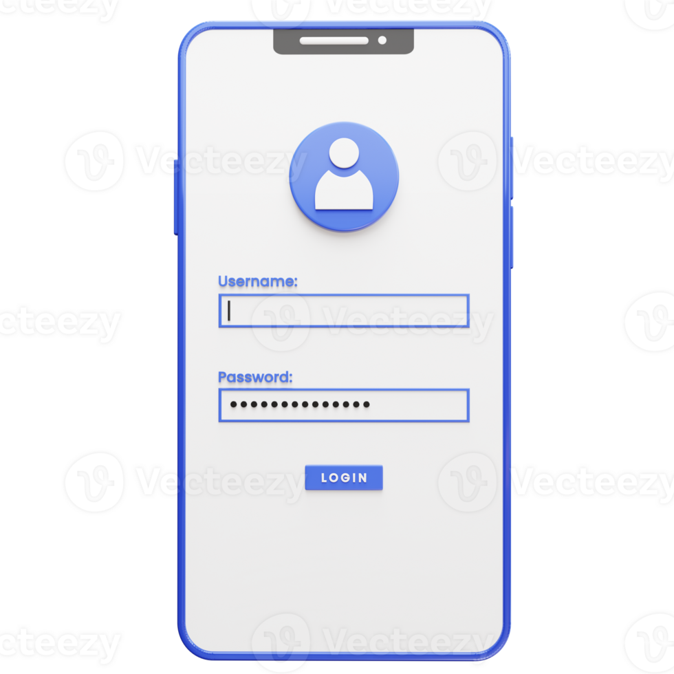 3D icon of a smartphone with authentication login form png