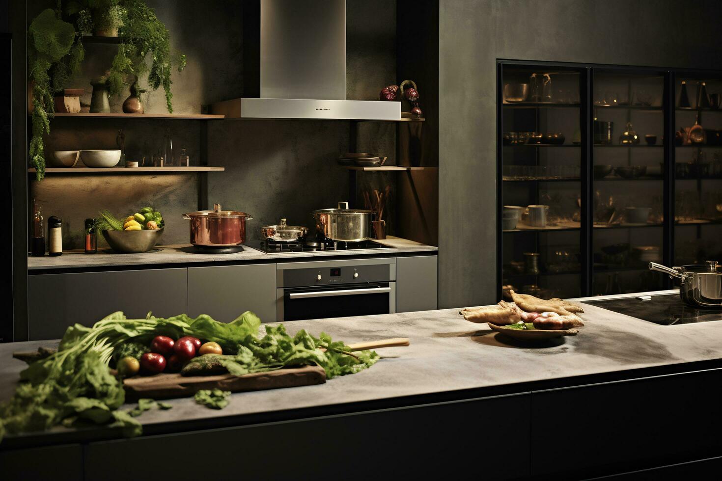 ai generativo imagen de moderno cocina con vegetal en cocina mesa foto