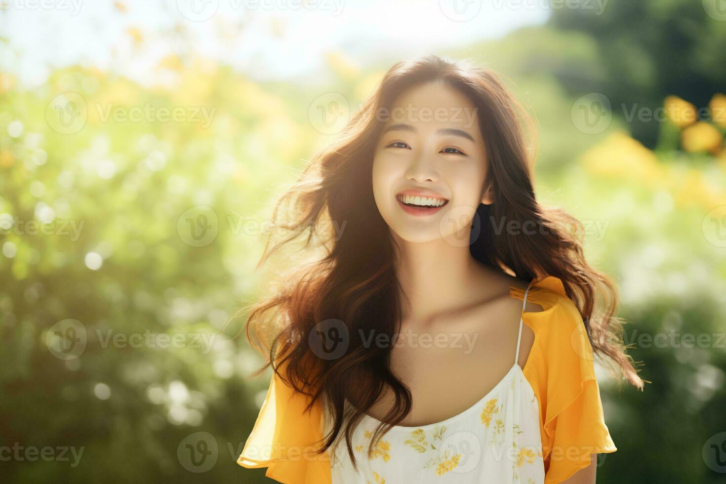 AI Generative Beautiful young girl smiling enjoying summer photo